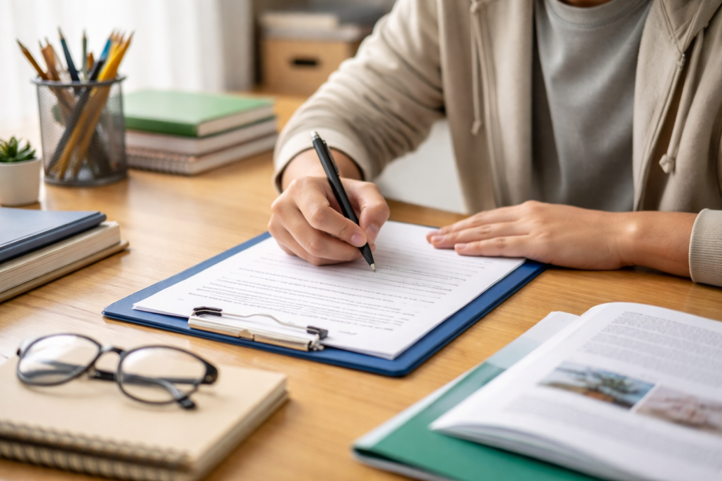 Person writing on a clipboard at a tidy desk with books, glasses, and a pen holder in soft natural light.