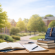 Open books, clipboard, and blue backpack arranged on a wooden table with a blurred boarding school campus in the background.