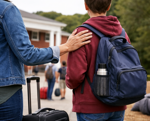 Parent placing a reassuring hand on a teenager’s shoulder during boarding school drop-off, with luggage and campus buildings in the background