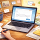 Student composing an email to a college admissions office on a laptop, surrounded by application materials and notes on a desk, symbolizing demonstrated interest in the admissions process.