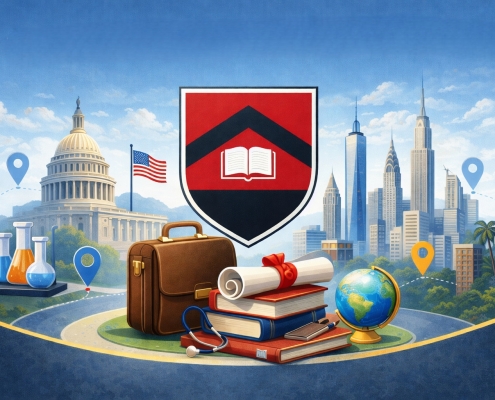 Illustration of a school crest above stacked books, a diploma scroll, briefcase, globe, and science flasks, with government and city buildings in the background and location pins symbolizing alumni careers and achievements around the world.