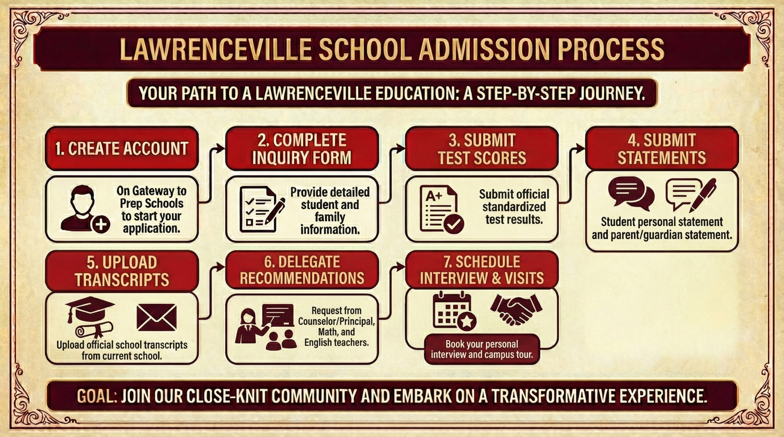 A horizontal 7-step infographic outlining the Lawrenceville School Admission Process: 1. Create Gateway Account, 2. Complete Inquiry Form, 3. Submit Test Scores, 4. Submit Personal & Parent Statements, 5. Upload School Transcripts, 6. Delegate Recommendations, and 7. Schedule Interview & Campus Visits.