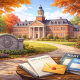 Illustration of a New England–style boarding school campus in autumn, with a red brick academic building, tree-lined walkway, and a table displaying application materials and standardized test prep books in the foreground.