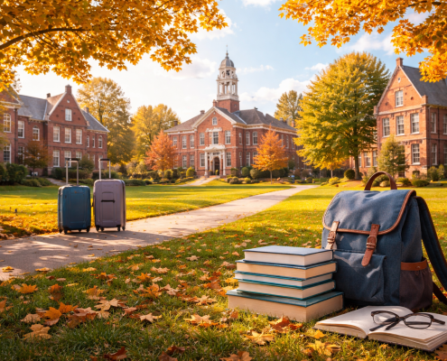 A serene autumn boarding school campus with red-brick academic buildings in the background, a tree-lined pathway with two suitcases, and in the foreground a stack of books, an open notebook with glasses, and a backpack resting on fallen leaves.