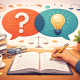 Notebook with speech bubbles showing a question mark and light bulb, representing critical thinking.