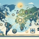 An abstract world map illustration featuring a glowing central network hub with interconnected lines reaching various global landmarks, professional icons, and stylized silhouettes, representing a global alumni network and career success.