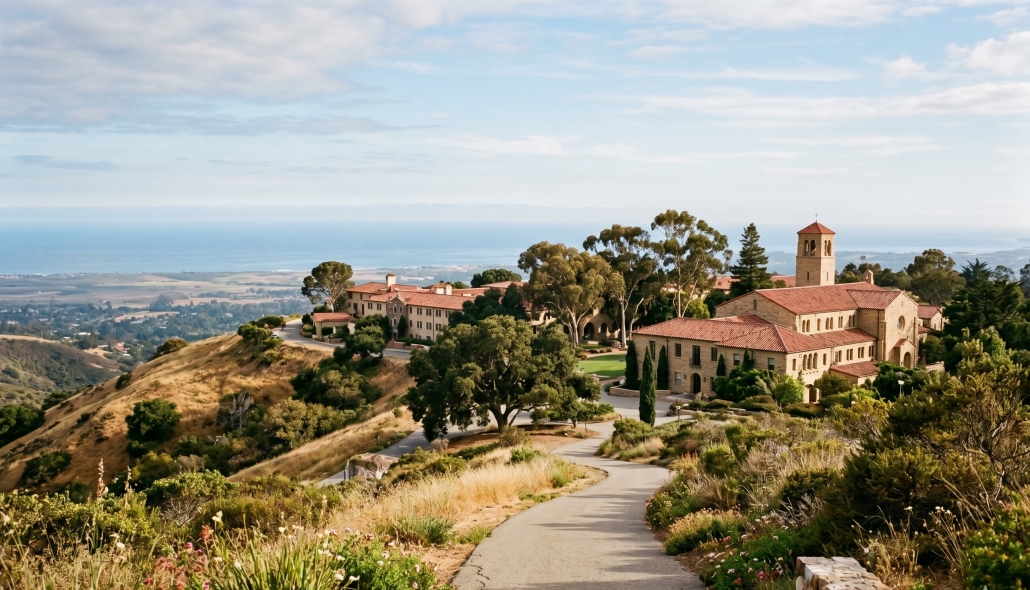 A wide landscape view of a Mediterranean-style school campus with terracotta tile roofs, nestled on a golden, grassy hill overlooking a valley and the ocean under a clear blue sky.