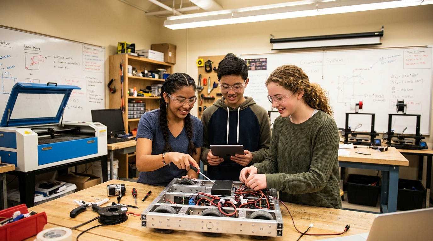 Students building robotics project at Sacred Heart