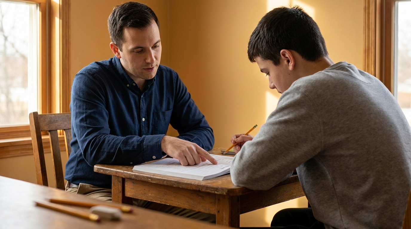 Private school test prep tutor guiding a student through exam strategy