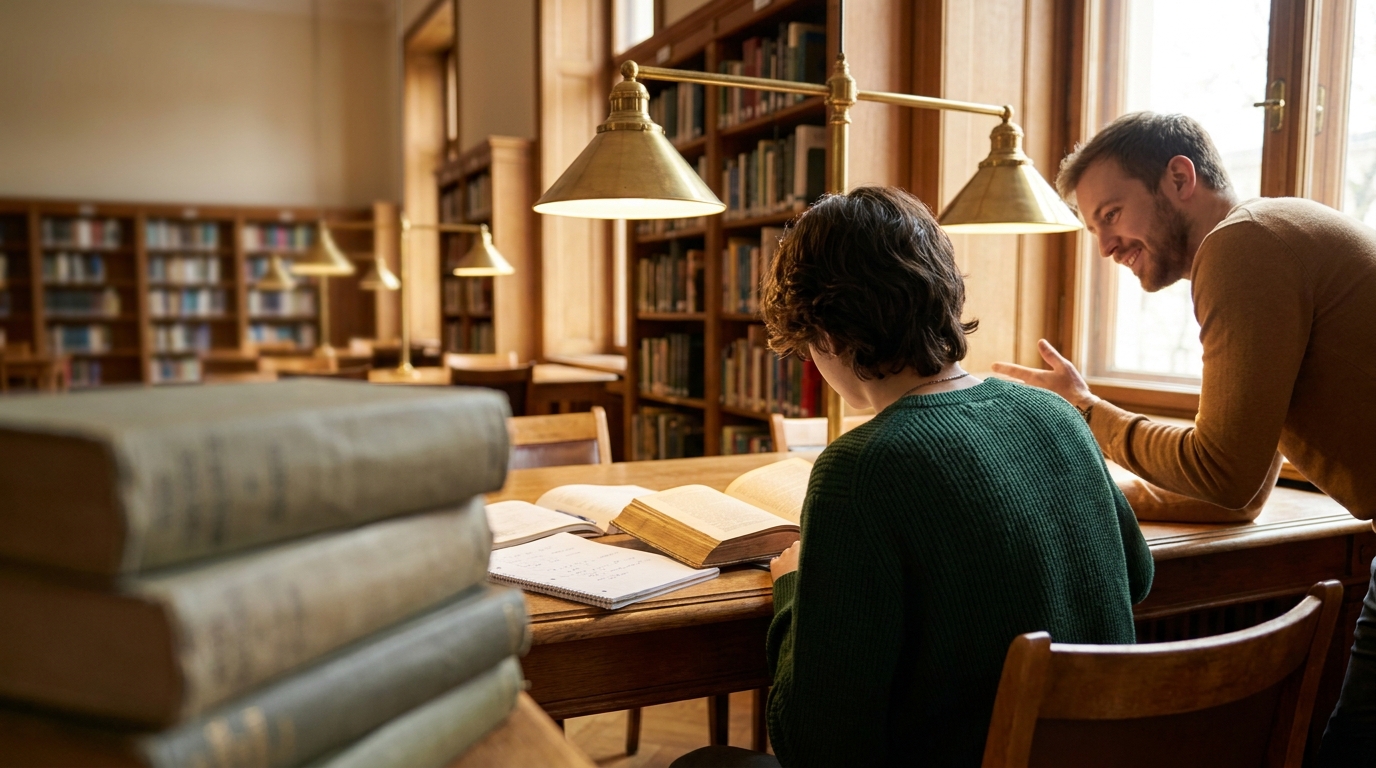 Library shelves filled with books under warm hanging lights