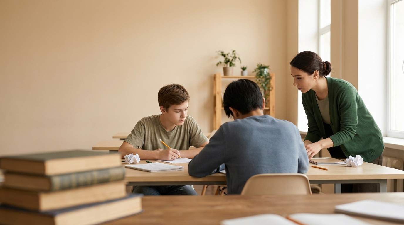 Students writing at their desks in an English classroom