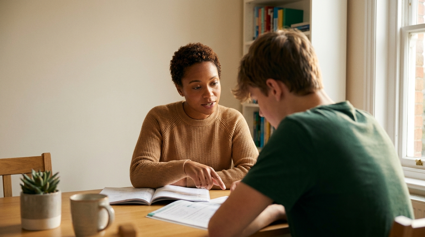 Tutor helping a student prepare for a private school entrance exam
