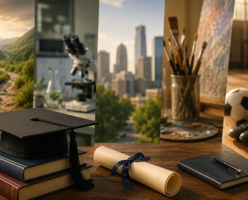 Graduation cap, books, and diploma in foreground with blurred scenes of diverse career paths—city, lab, art studio, and sports gear—symbolizing alumni futures.